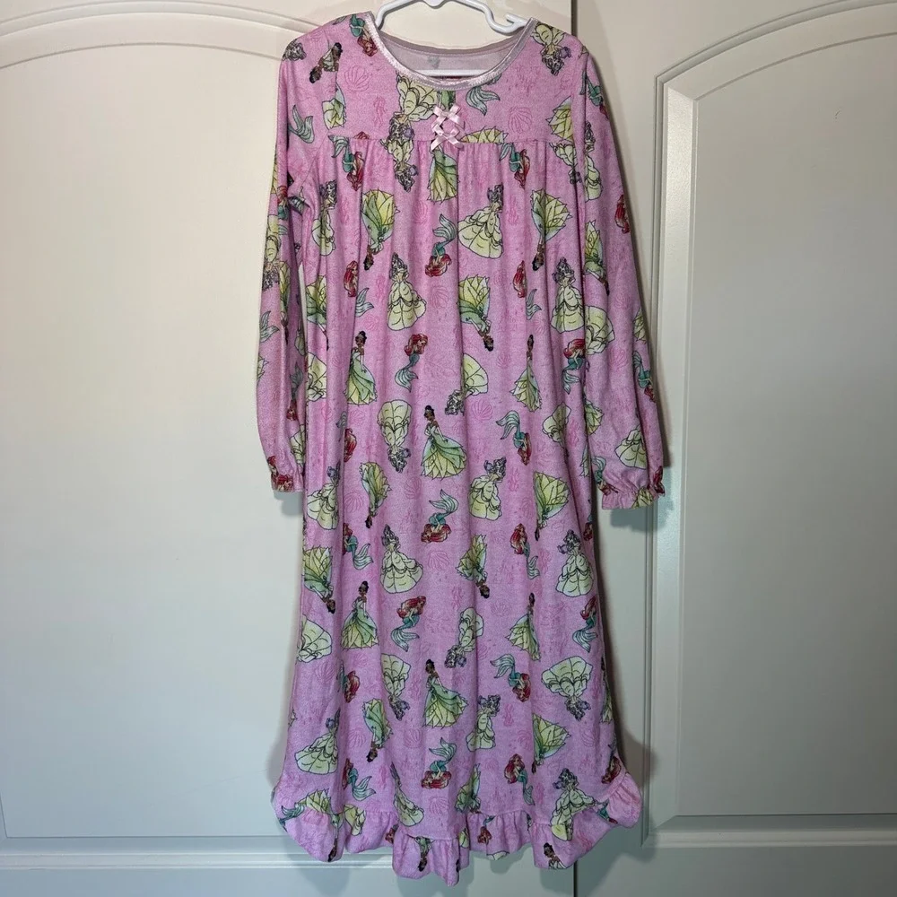 Disney Princess Flannel Granny Nightgown Pajamas Ariel Belle Tiana Pink‎ Girls 8 - Picture 2 of 5